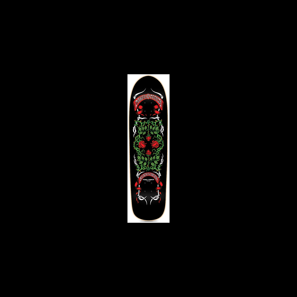 Powell Peralta Rose Bones Black skateboard deck: A symmetrical design of green leafy vines and red roses between red banners with lettering at each end, edged with white bones, on a black deck.