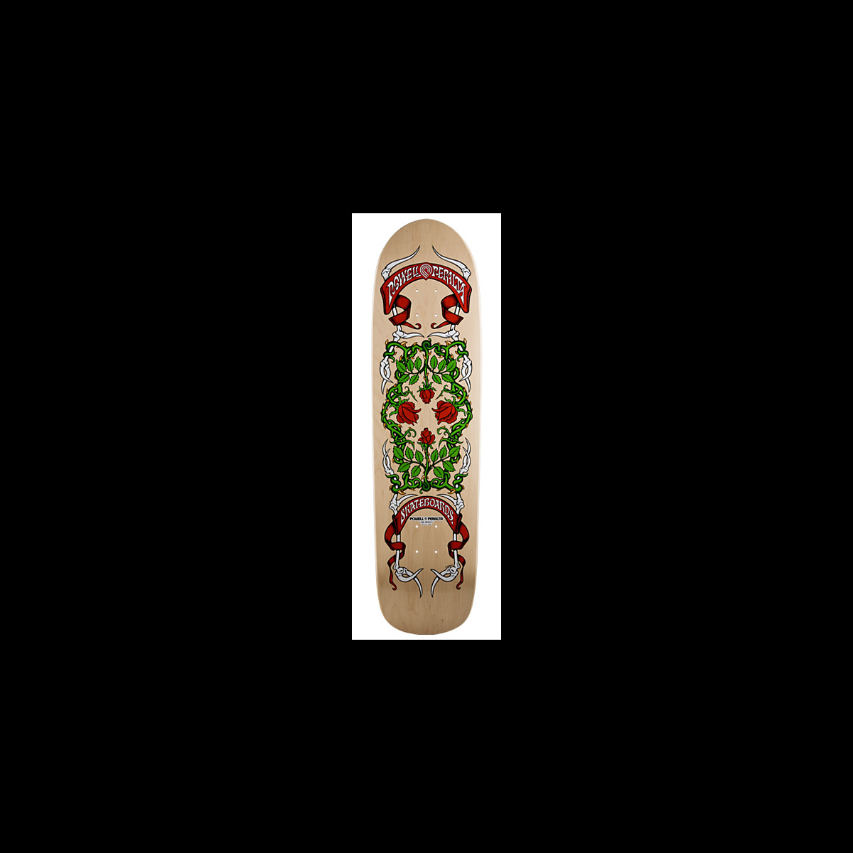 Powell Peralta Rose Bones Natural skateboard deck: Natural wood deck with a symmetrical vine of green leaves and red roses framed by white bones and thorns, with red ribbon banners at each end carrying Powell Peralta and Skateboards.