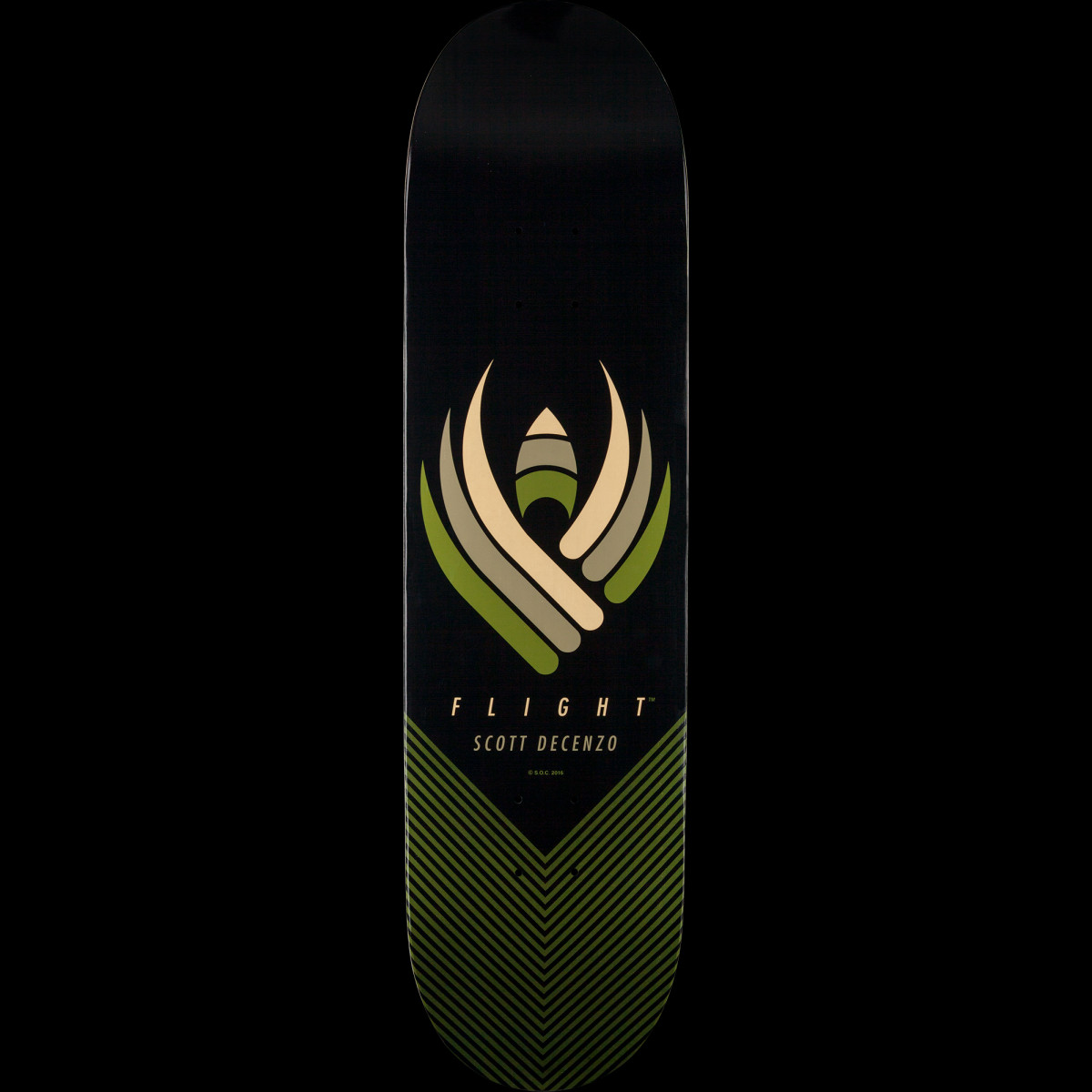 Powell Peralta Scott Decenzo Flight - Shape 248 skateboard deck: A stylised winged emblem in cream, grey and olive green above Flight and Scott Decenzo text, with olive chevron stripes filling the lower tail, on a black deck.