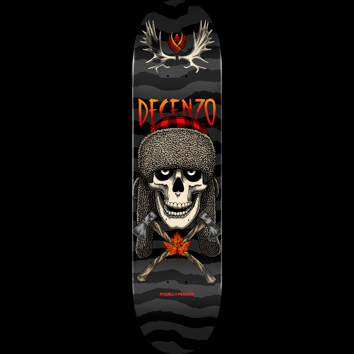 Powell Peralta Scott Decenzo Trapper Flight - Shape 248 skateboard deck: A skull in a fur trapper hat with a red plaid band sits above crossed axes and a maple leaf, with moose antlers and a flame emblem at the top, on a black and grey torn-stripe background.