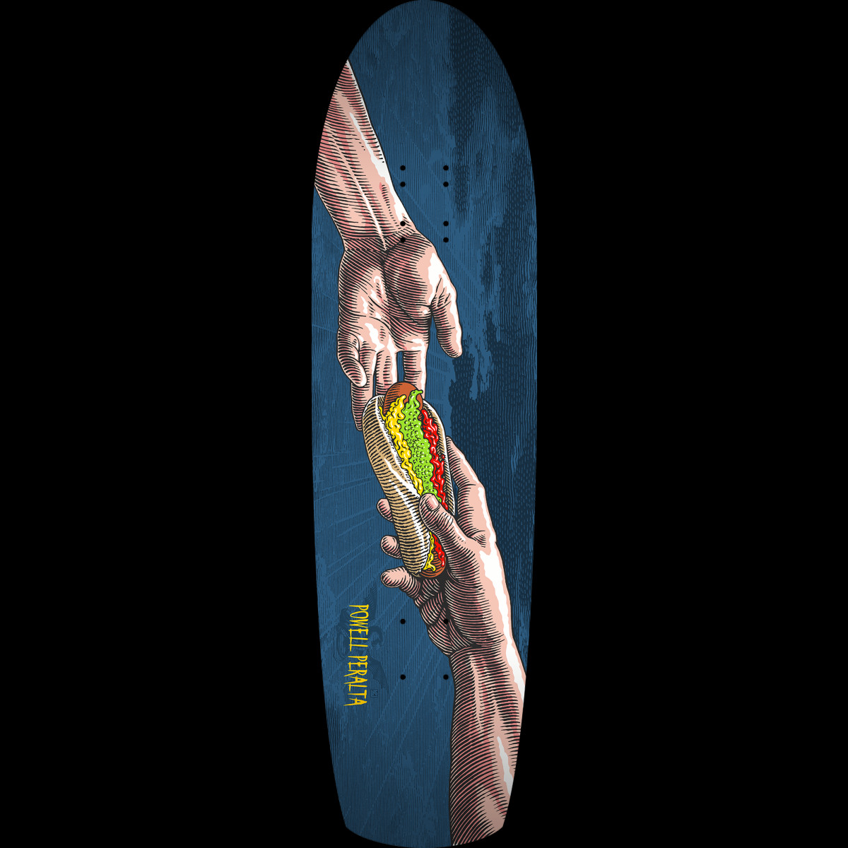 Powell Peralta Funshape Hands Navy skateboard deck: Engraved-style illustration of two hands reaching towards each other in the manner of the Creation of Adam, passing a hot dog topped with mustard, ketchup and relish, on a mottled navy background.