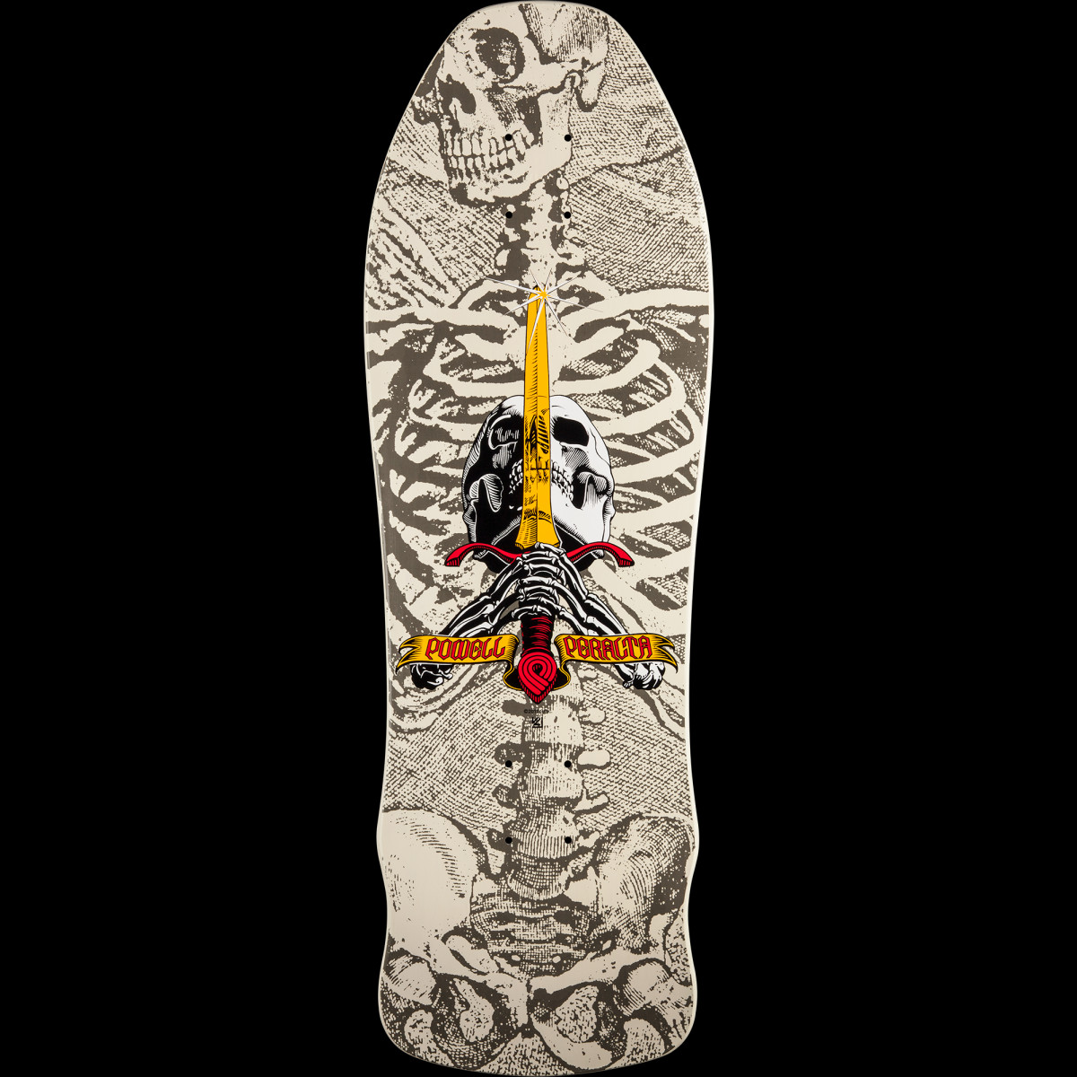 Powell Peralta Skull and Sword GeeGah White skateboard deck: A large skeleton in a grainy engraved style fills the old-school shaped deck. The Powell Peralta skull and sword logo with skeletal hands and a gold dagger sits over the ribcage, with a yellow scroll banner.