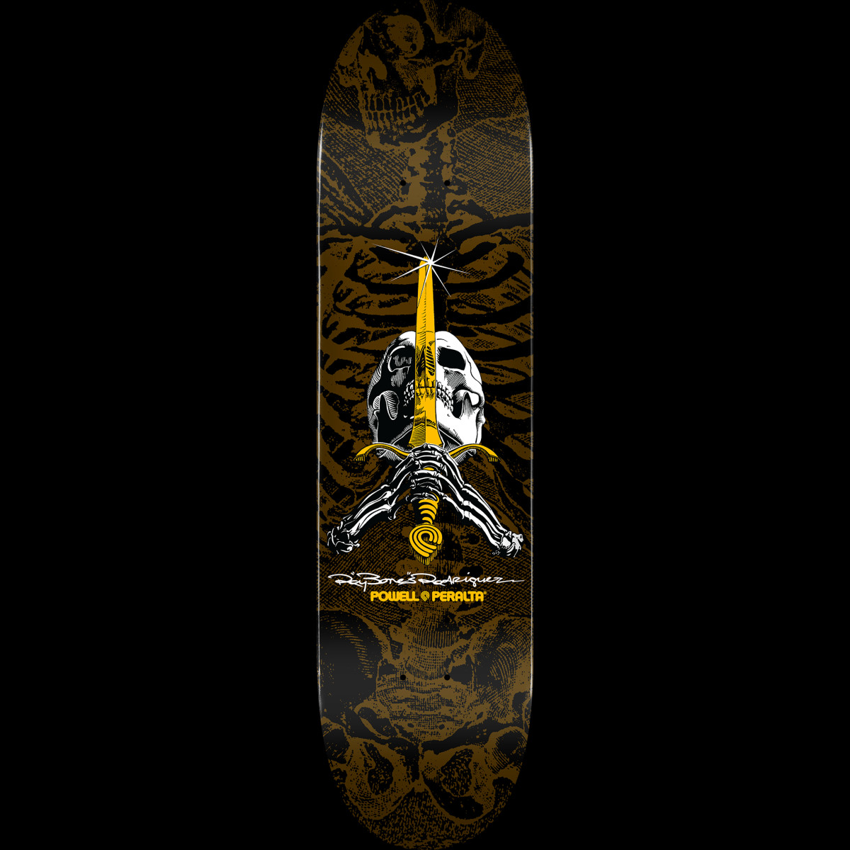 Powell Peralta Skull and Sword Brown - Shape 246 skateboard deck: A skull and bony hands grip a gold sword over a brown-toned x-ray style ribcage, with more skulls in the background. A white signature and brand name sit below on a black deck.