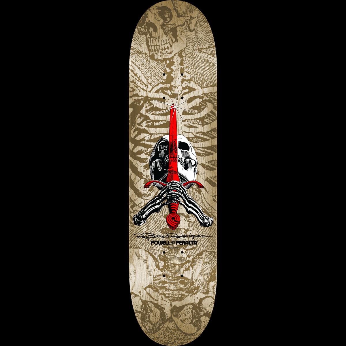 Powell Peralta Skull and Sword Natural - Shape 246 skateboard deck: Skull with skeletal hands gripping a red sword, over a faint gold-brown engraved background of ribcage and skull on a natural wood deck.