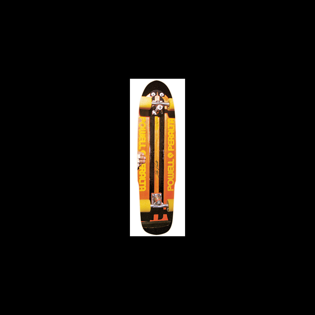 Powell Peralta Stacy Peralta Faux Beamer skateboard deck: A complete board seen from above, with the brand name in yellow lettering down both sides of orange panels and a black central strip carrying a signature, with yellow wheels and silver trucks. Small image.