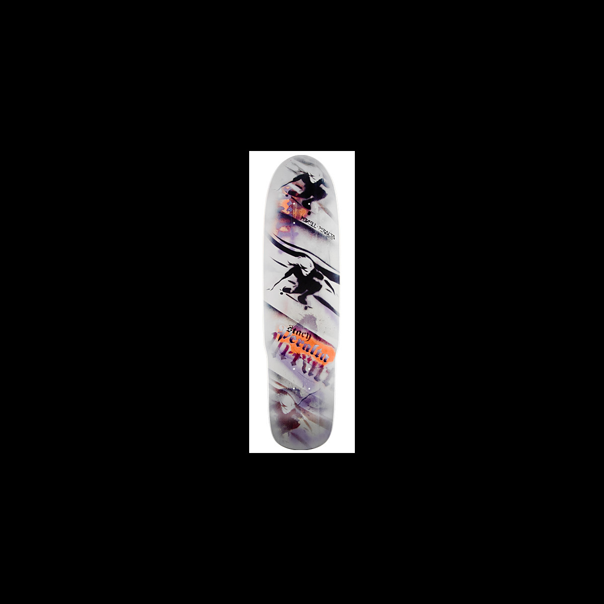 Powell Peralta Stacy Peralta Hipster skateboard deck: Painterly white deck with two dark brushed silhouettes of skateboarders mid-trick, streaks of orange and purple, and a spray-stencil style Stacy name in orange near the tail.