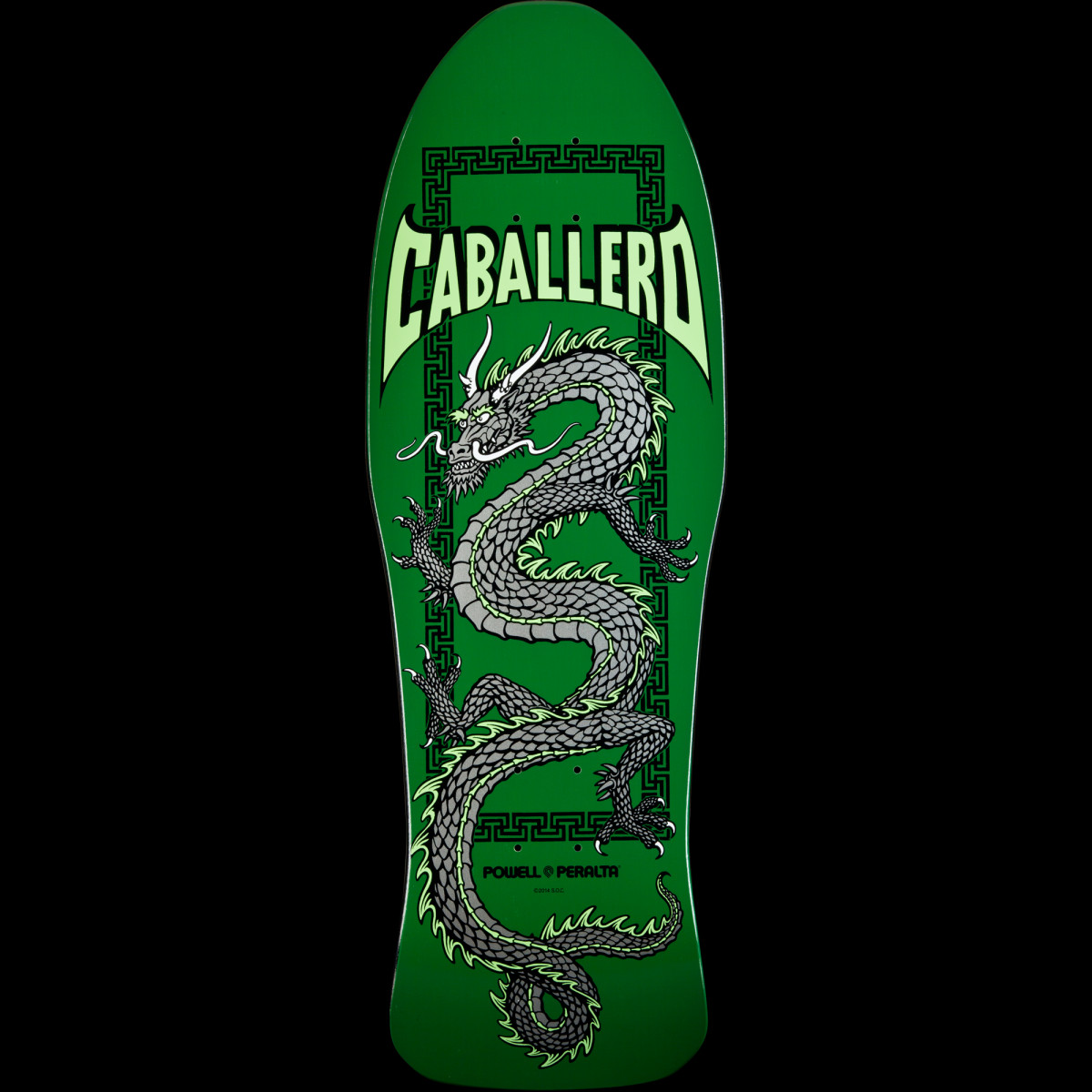 Powell Peralta Steve Caballero Chinese Dragon Green skateboard deck: Grey scaled Chinese dragon coiling down the deck with light green flame-like fringes, inside a Greek key border, under a pale green bat-winged Caballero logo on a green deck.