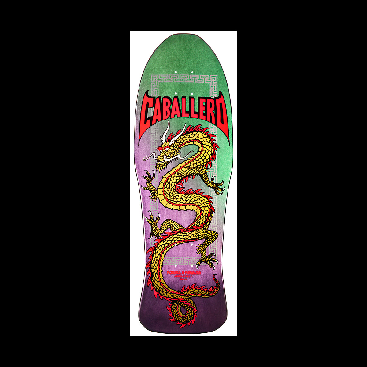 Powell Peralta Steve Caballero Chinese Dragon Purple (Blem) skateboard deck: A long golden dragon with red details winds down the deck beneath red bat-wing style name lettering, inside a grey Greek-key border, on a green to purple fade old-school shaped deck.