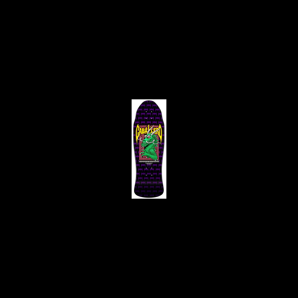 Powell Peralta Steve Caballero Dragon and Bats (Blem) skateboard deck: Reissue-shape deck with a green dragon inside a red maze-pattern panel, the rider's name in yellow winged lettering above, on a purple and black field of repeating bat shapes. Photo is small.