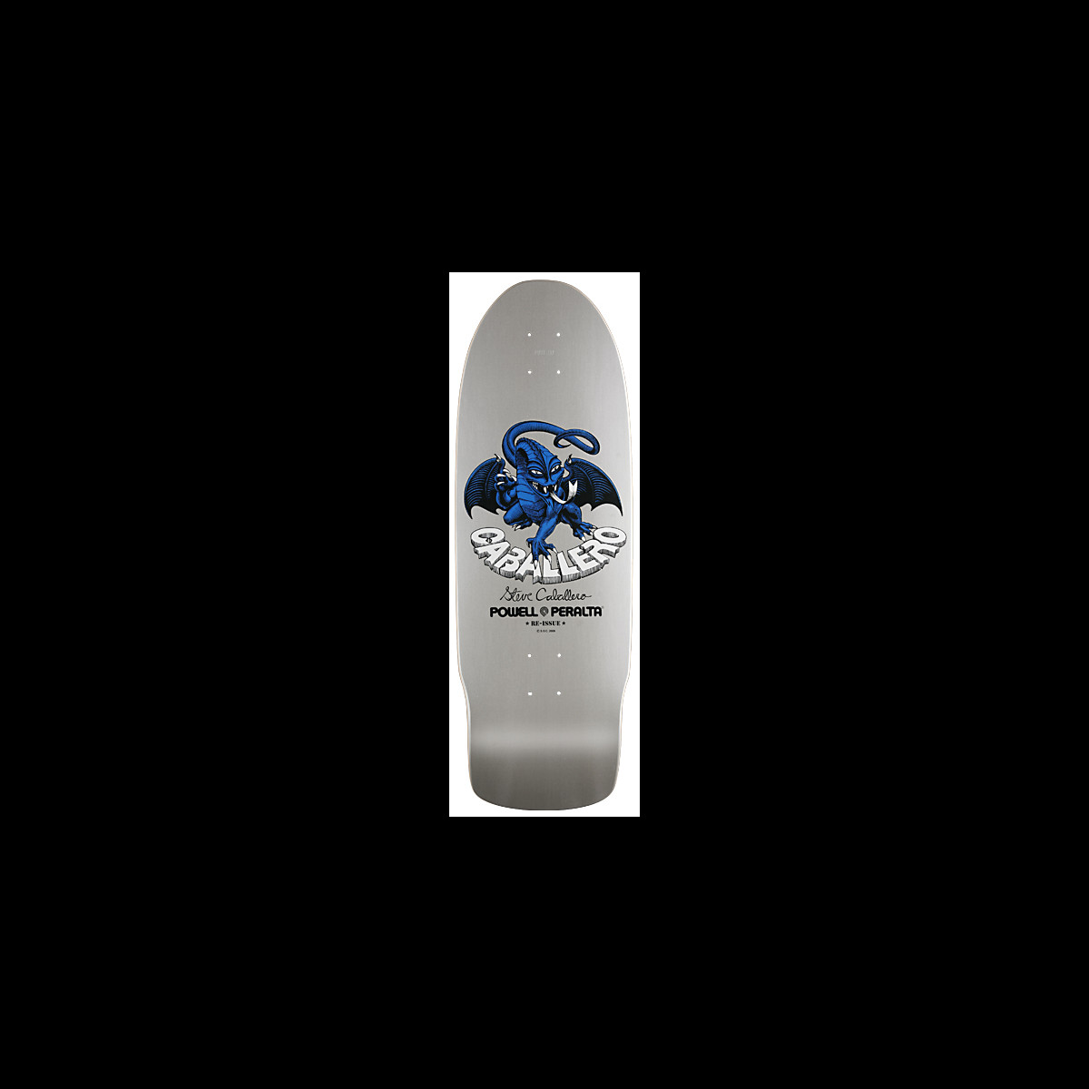 Powell Peralta Steve Caballero Dragon II Silver skateboard deck: A blue winged dragon curls around arched 'Caballero' lettering above a signature and Powell Peralta logo, on a plain silver deck.