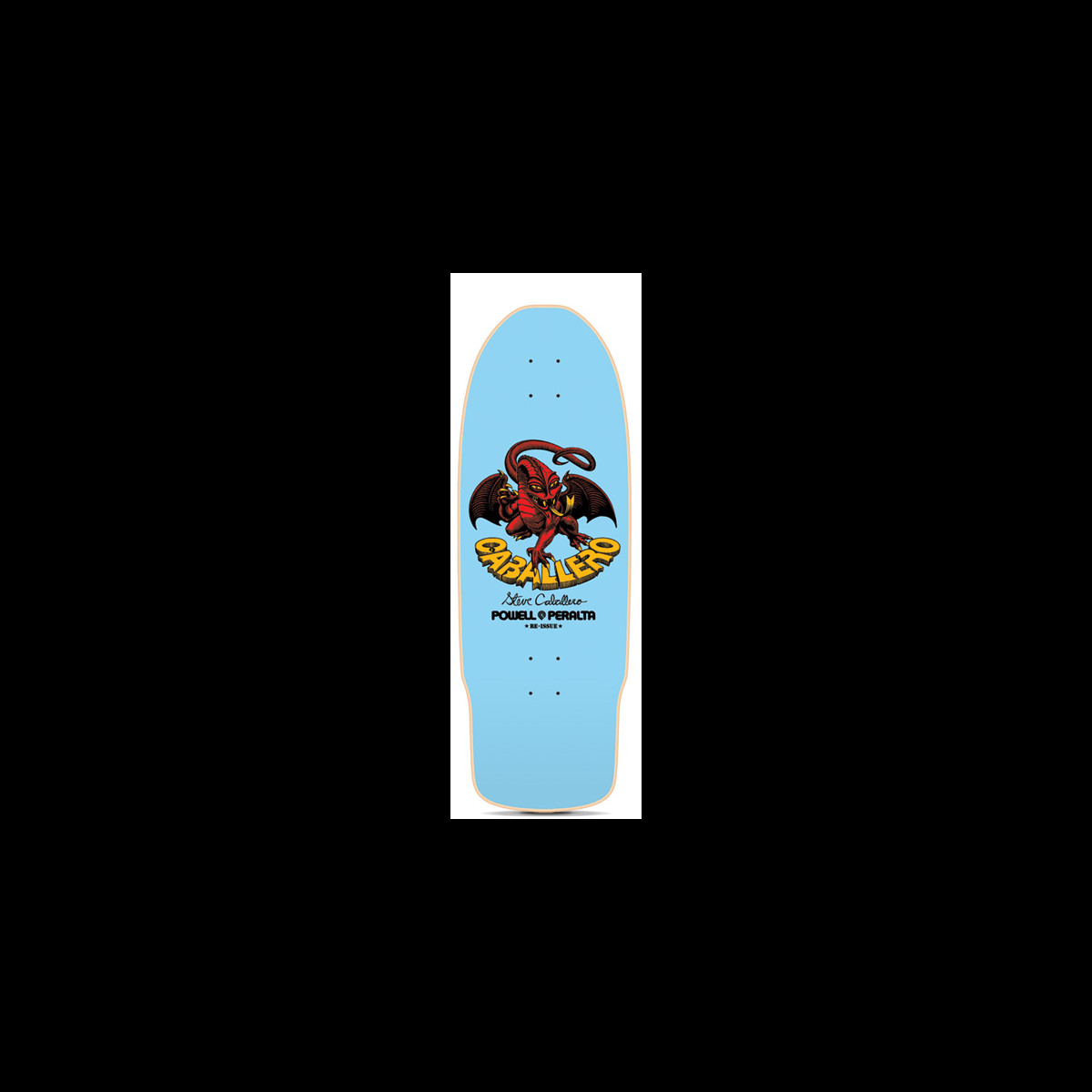 Powell Peralta Steve Caballero Dragon II Spoon Nose skateboard deck: A red winged dragon crouching above chunky yellow CABALLERO lettering, with a signature and Powell Peralta logo beneath, centred on a pale blue spoon-nose deck.