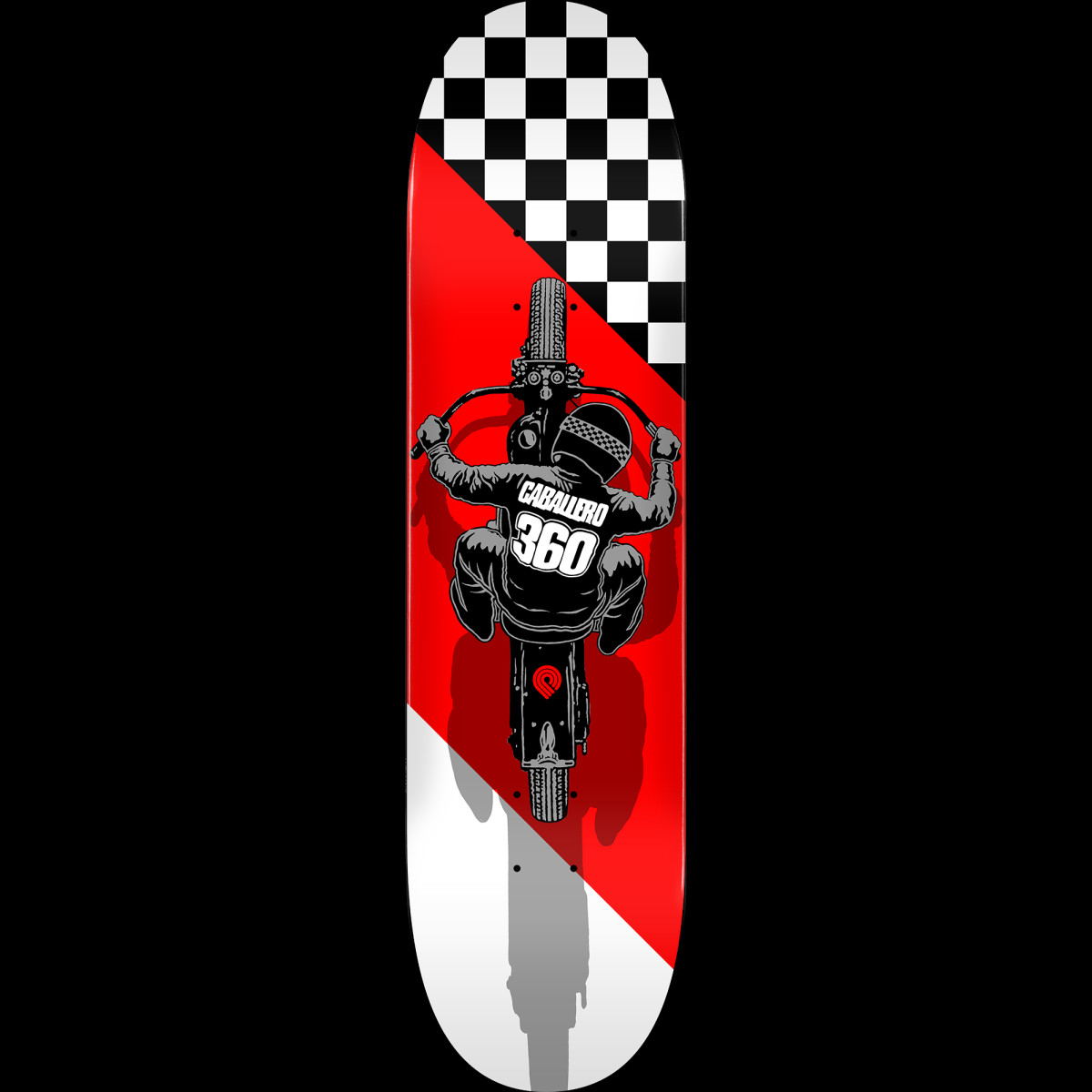 Powell Peralta Steve Caballero Flat Track Blem skateboard deck: Top-down view of a flat-track motorcycle racer in a numbered jersey, casting a long shadow, on a diagonal red band. Chequered flag pattern fills the nose and white fills the tail.