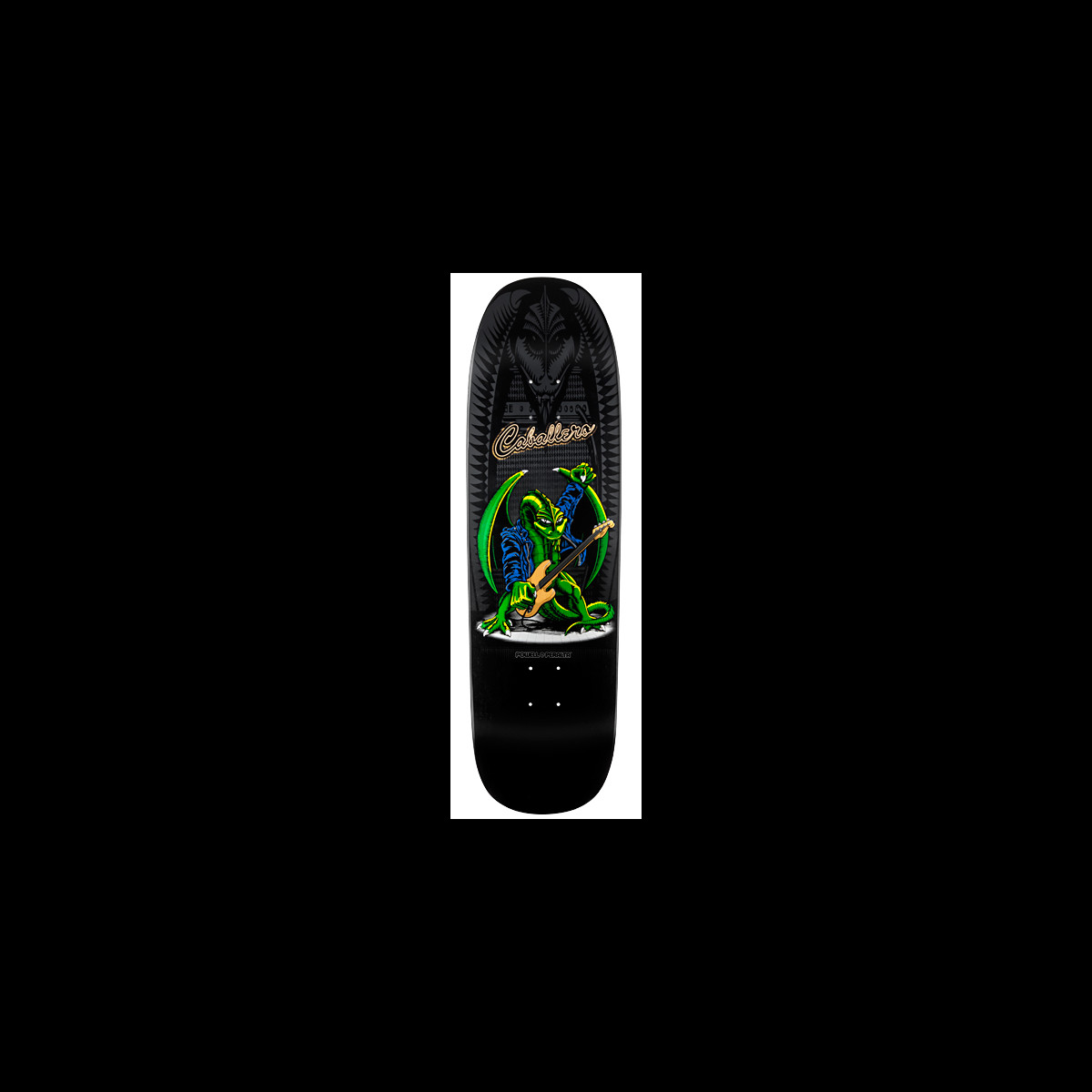 Powell Peralta Steve Caballero Guitar skateboard deck: A green dragon in a blue jacket playing an electric guitar, with a gold Caballero signature above and a dark carved creature head in the black background.