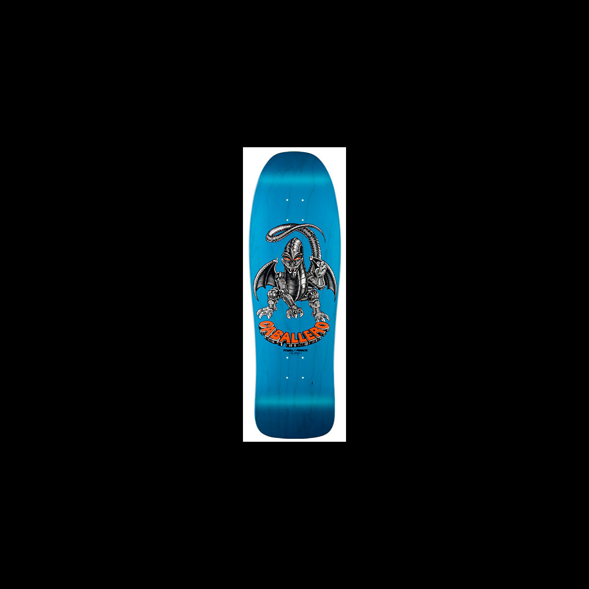Powell Peralta Steve CAballero Mechanical Dragon skateboard deck: Grey metallic mechanical dragon with bat-like wings and a curled tail, giving a peace sign, over orange 'CABALLERO' lettering on a blue stained old-school shaped deck.