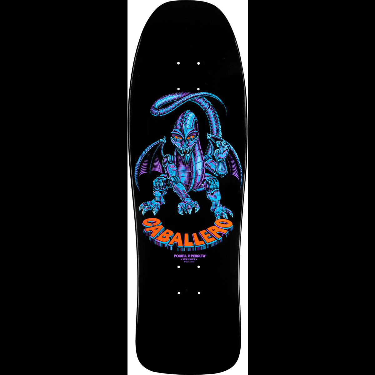 Powell Peralta Steve Caballero Mechanical Dragon (Blem) skateboard deck: Robotic blue and purple dragon with metallic segments, bat wings and orange eyes, above Caballero in orange 3D lettering. Powell Peralta logo below on a black old-school deck.