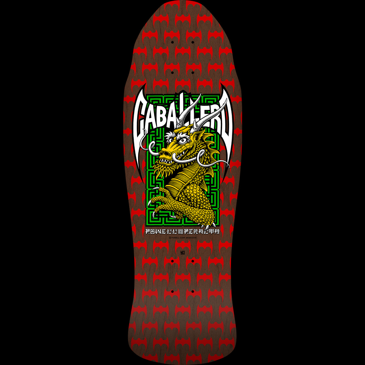 Powell Peralta Steve Caballero Street Red/Brown skateboard deck: Yellow dragon with white horns rising before a green maze panel, under a large white Caballero name in a batwing shape. Rows of red bat logos repeat across the brown stained deck.