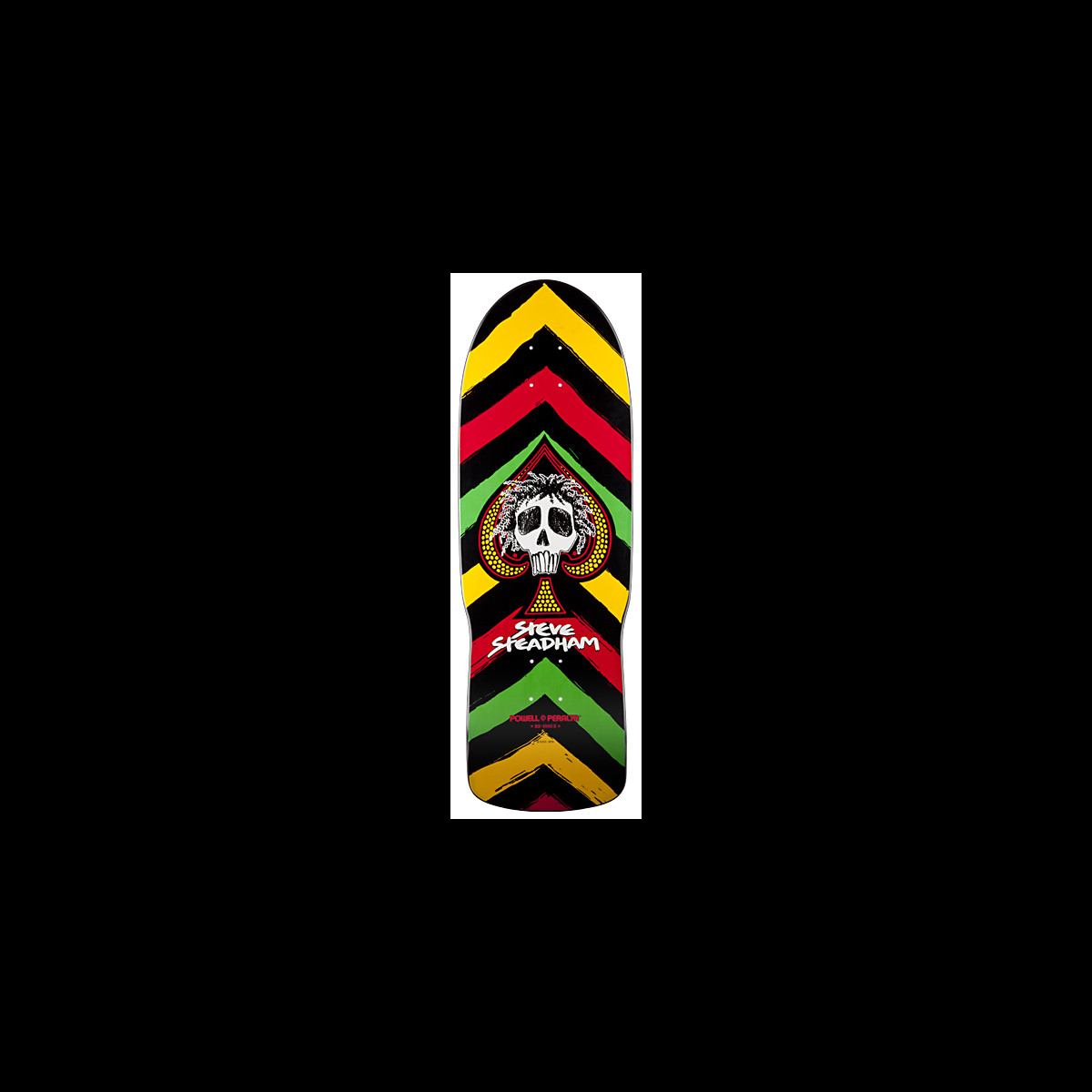 Powell Peralta Steve Steadham Skull n Spade skateboard deck: Old-school shaped black deck with yellow, red and green chevron stripes, centred on a white skull with wild hair inside a spade, with Steve Steadham lettered beneath.