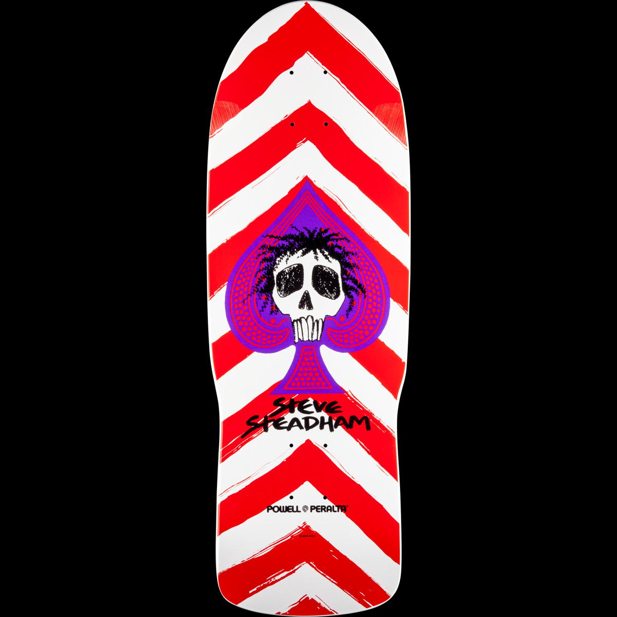 Powell Peralta Steve Steadham Spade Blem Red/Wht 153 SP3 skateboard deck: Old-school shaped deck with bold red chevron stripes on white, and a purple spade holding a scruffy-haired skull. Rider name in black brush lettering and Powell Peralta logo below.