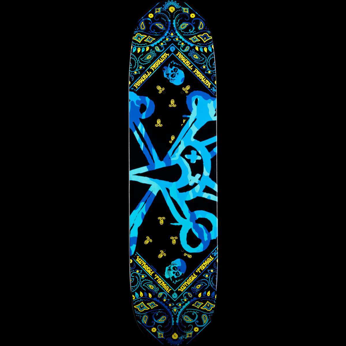 Powell Peralta Vato Rat Band Blue skateboard deck: Black deck with a blue camouflage-style Vato Rat skull and crossed bones at the centre, surrounded by a diamond-shaped bandana paisley border with yellow Powell Peralta lettering and small skulls.