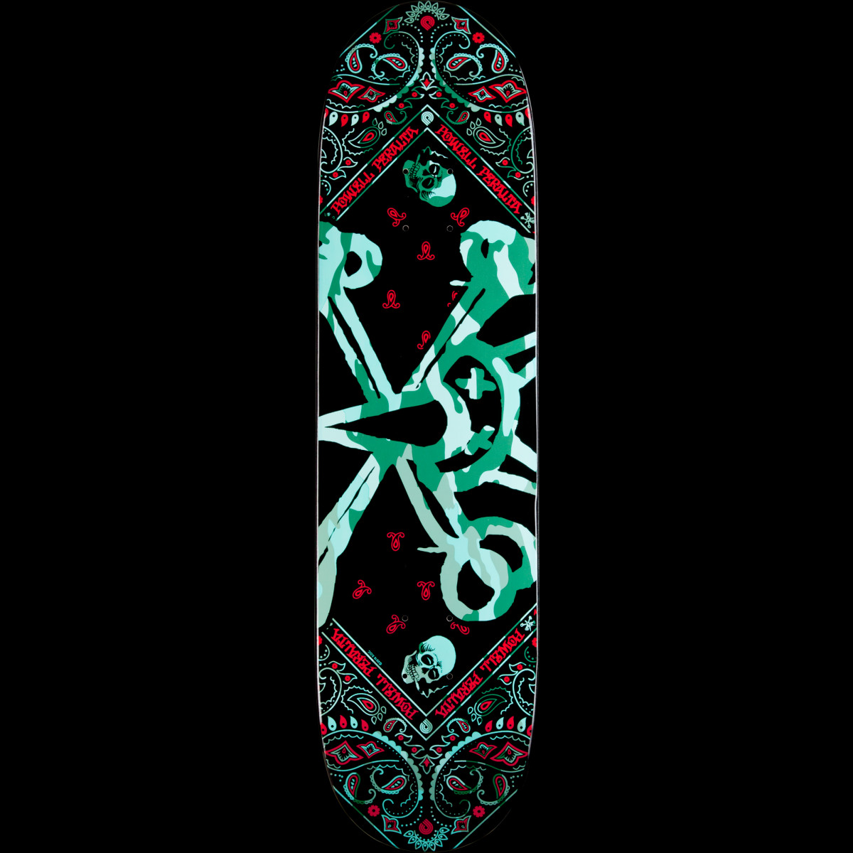 Powell Peralta Vato Rat Band Turquoise skateboard deck: A large turquoise camouflage-patterned rat band bones and skull emblem on a black deck, framed by a red and turquoise paisley bandana border with small skulls and Powell Peralta text.