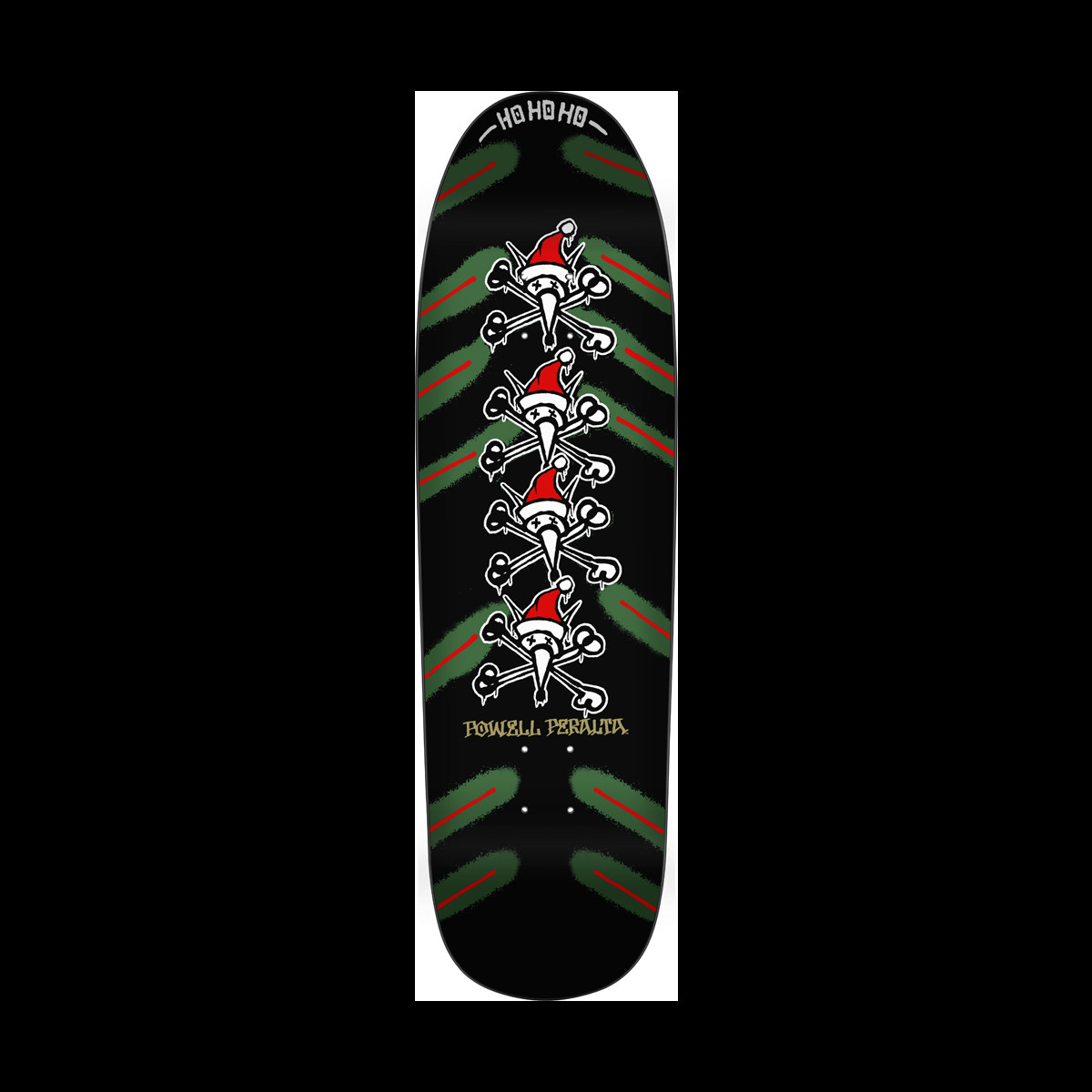 Powell Peralta Xmas Vato Rat Black skateboard deck: Four Vato Rat skull and crossbones figures stacked down the centre, each wearing a Santa hat, over green and red brushed chevron stripes on black. HO HO HO is printed at the nose.