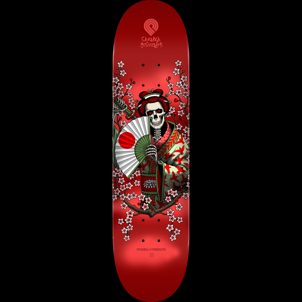 Powell Peralta Yosozumi Samurai Red - Shape 244 K20 skateboard deck: Skeleton dressed in a floral kimono holding a folded fan with a red sun, surrounded by cherry blossom branches and a katana, on a glossy metallic red deck.