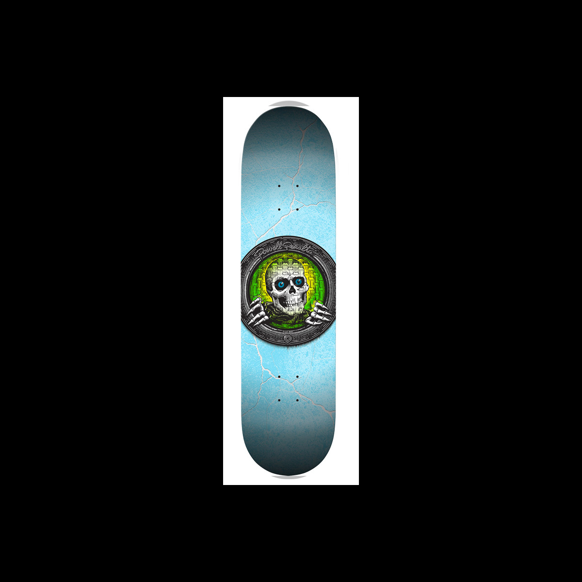 Powell Peralta v Green Pool Light Ripper skateboard deck: A skull with blue eyes and skeletal hands gripping the rim of a round grey porthole with a green and yellow glowing background, on a pale blue cracked-texture deck with lightning-like cracks.