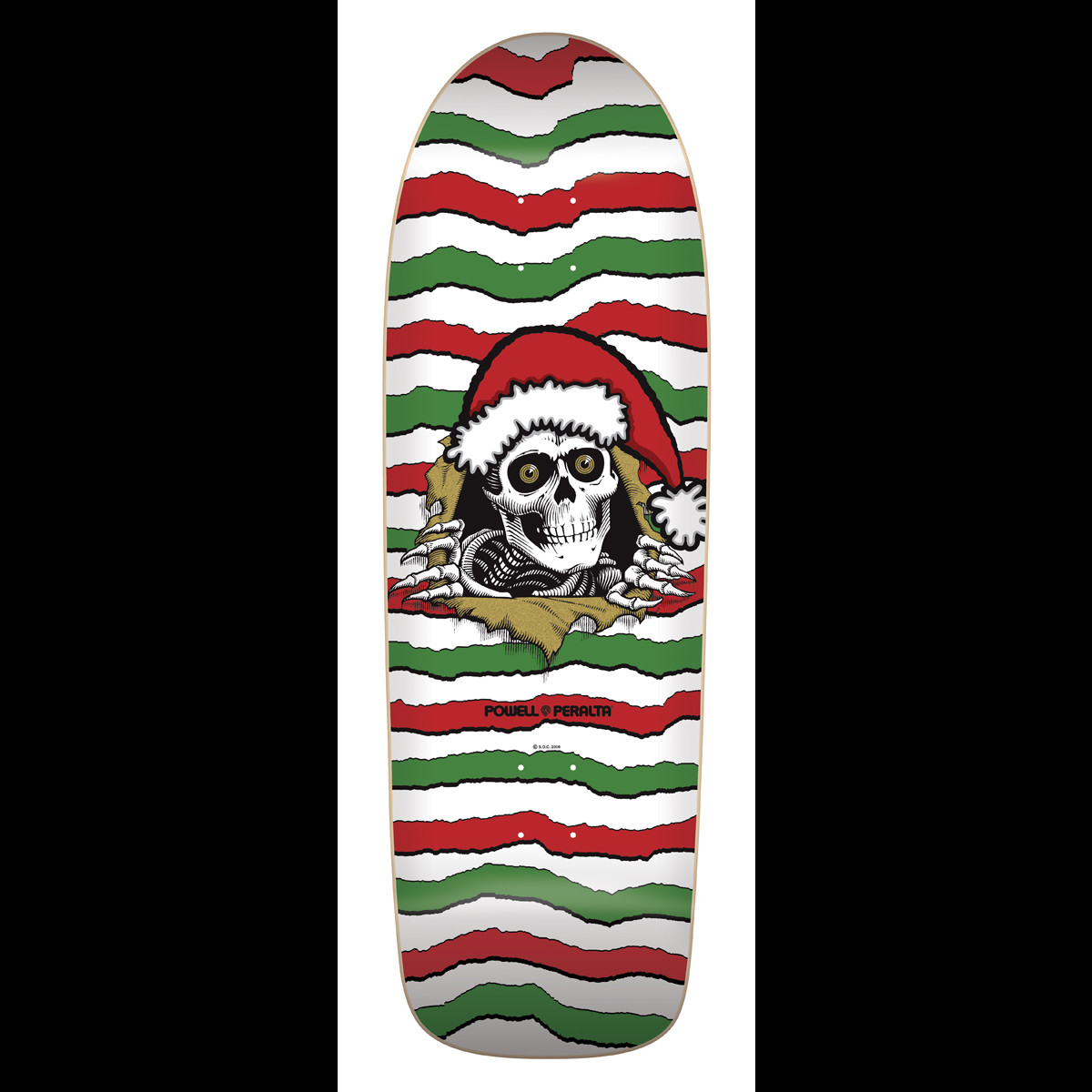Powell Peralta Santa Ripper limited Edition skateboard deck: Old-school shape deck with ragged red, green and white horizontal stripes and a Ripper skeleton tearing through the board wearing a Santa hat, in a Christmas theme.