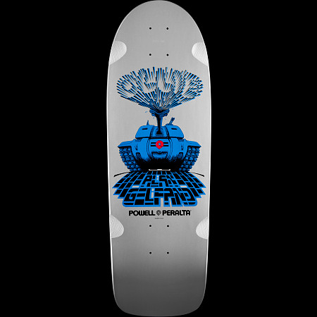Powell Peralta Alan Gelfand Ollie Tank skateboard deck: Silver old-school shaped deck with a blue-and-black print of a military tank firing, its blast forming stylised lettering above. A blue maze-like grid spreads below with the rider's name, and a Powell Peralta logo sits at the tail.