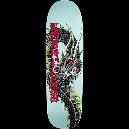 Powell Peralta Caballero Ban This Dragon White skateboard deck: Grey scaled dragon with white horns, red eyes and green fins coiled down a pale blue shaped deck, with red Asian-style lettering alongside it.