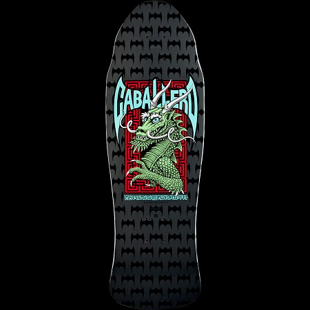 Powell Peralta Caballero Street Silver skateboard deck: Old-school shaped black and grey deck with a repeating bat pattern and a central graphic of a green dragon over a red maze pattern, with CABALLERO in teal winged lettering above.