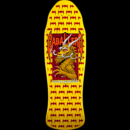 Powell Peralta Caballero Street Yellow skateboard deck: Old school street shape with a golden dragon bust in a red Greek key frame, under red CABALLERO lettering with winged edges. A repeating dark red bat-like pattern fills the yellow background.
