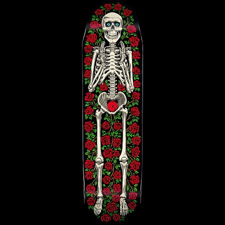 Powell Peralta Casket Funshape skateboard deck: Full-length smiling skeleton lying in a coffin-shaped deck, surrounded by red roses and green vines on a black background. Bones are cream with turquoise eyes and a red rose at the pelvis.
