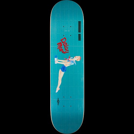 Powell Peralta Daisy May Limited Edition - Shape 127 skateboard deck: Vintage bomber nose-art style pin-up of a woman in a blue outfit and red scarf leaning back, with red script name on a teal riveted metal panel background.