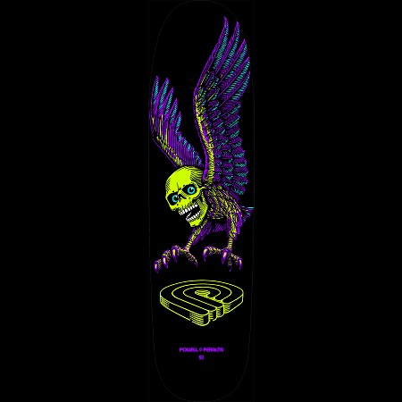 Powell Peralta Funshape Winged Skull 2 skateboard deck: Winged skull with outstretched purple and cyan feathered wings and talons, in a line-engraved style on black. The Powell Peralta spiral logo sits in lime green beneath.