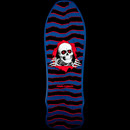 Powell Peralta Gee Gah Ripper skateboard deck: Old-school shaped blue deck with black and red torn ripple stripes and a white Ripper skull with red eyes and skeleton hands bursting through a red tear. Powell Peralta name in red below.