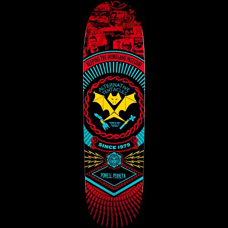 Powell Peralta Guest Artist Winston Smith 2 skateboard deck: Black deck with a heraldic crest of a yellow bat with crossed tools inside a red rope ring and cyan sunburst. A red collage of political figures and clippings sits at the nose, with banners and lightning bolts below.