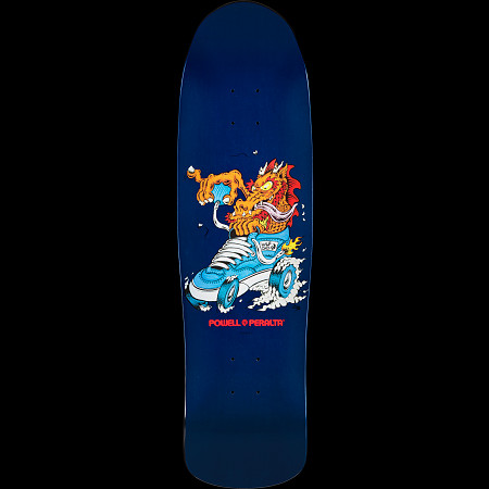 Powell Peralta Half Cab Dragon Navy skateboard deck: A cartoon orange dragon bursting out of a light blue sneaker on roller-skate wheels, with a cat clawing at it, on a navy deck. Red Powell Peralta text sits below.