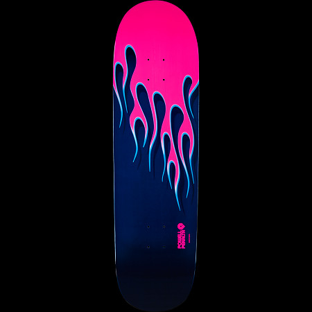 Powell Peralta Hot Rod skateboard deck: Flames licking down from a hot pink top over a navy blue deck, edged in light blue highlights. A small Powell Peralta logo sits in pink near the tail.