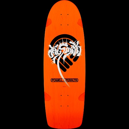 Powell Peralta Jay Smith Original Orange skateboard deck: Old-school shaped orange deck with a spiky white Jay Smith signature-style logo over a black arc and a clenched fist, with a long swooping tail stroke. POWELL PERALTA is in a black rounded box below.