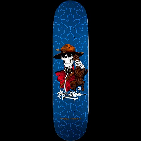 Powell Peralta Kevin Harris Mountie Navy skateboard deck: Skeleton dressed as a Mountie in a brown hat and red tunic, holding a brown bear cub, on a navy deck patterned with outlined maple leaves. White signature and Powell Peralta name at the bottom.
