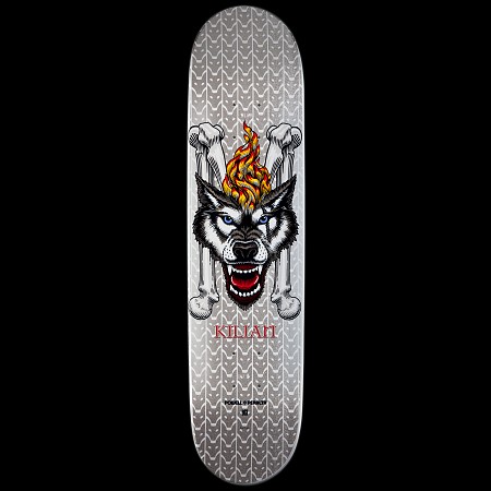 Powell Peralta LIGAMENT Pro Kilian Martin Wolf 2 skateboard deck: Silver chain-link patterned deck showing a snarling wolf head with blue eyes and a flame on its brow, set against crossed bones, with the rider name beneath in red.