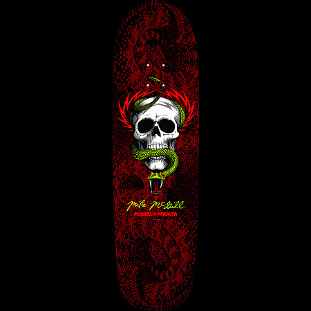 Powell Peralta McGill Snake Skin Fun Shape 2 skateboard deck: White skull with a green snake coiled through it, framed by red spiked flashes, over a dark red snakeskin scale pattern on black. Mike McGill's signature and the Powell Peralta logo appear below.