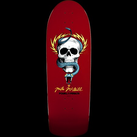 Powell Peralta Mike McGill Skull and Snake Burgundy skateboard deck: White skull with a blue snake coiled round it and through its jaw, framed by yellow lightning bolts above a signature and brand name, on a burgundy old-school shaped deck.