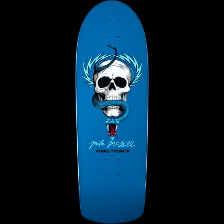 Powell Peralta Mike McGill Skull and Snake Blue skateboard deck: White skull with a blue snake coiled through it and lightning bolts fanning out behind, with a cursive signature and Powell Peralta logo below, on a blue old-school shaped deck.