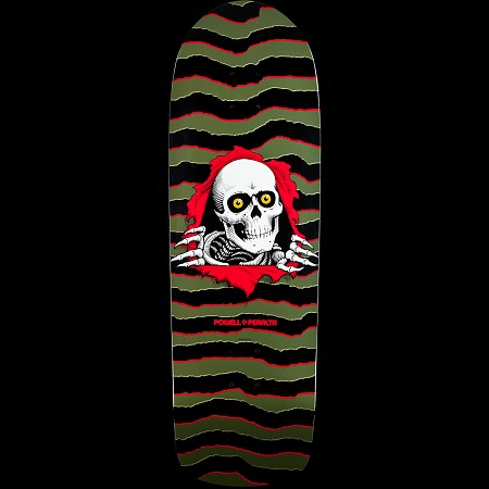 Powell Peralta Old School Ripper Olive skateboard deck: Powell Peralta Ripper: a white skull with yellow eyes and skeletal hands tearing through a red rip, over wavy torn olive green and black stripes. POWELL PERALTA in red lettering beneath.