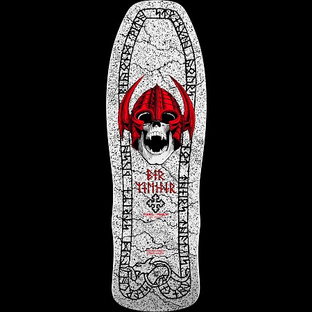 Powell Peralta Per Welinder Nordic Skull White skateboard deck: Screaming skull in a red horned Viking helmet inside a cracked, speckled white coffin-shaped border of black runic writing, with a serpent at the base and a small cross emblem under the name.