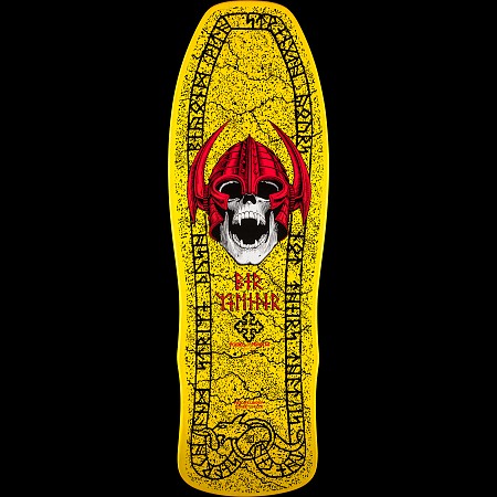Powell Peralta Per Welinder Nordic Skull Yellow skateboard deck: A screaming skull in a red horned Viking helmet sits at the centre of a cracked yellow surface, framed by a black runic inscription border with a serpent at the tail. Per Welinder name in runic-style red lettering below.