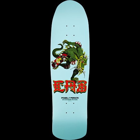 Powell Peralta Pro Steve Caballero 35th Year Anniversary Dragon skateboard deck: Green scaly dragon coiled around a red skateboard on a pale blue old-school shaped deck, with red and yellow Chinese-style CAB lettering below and small anniversary text.