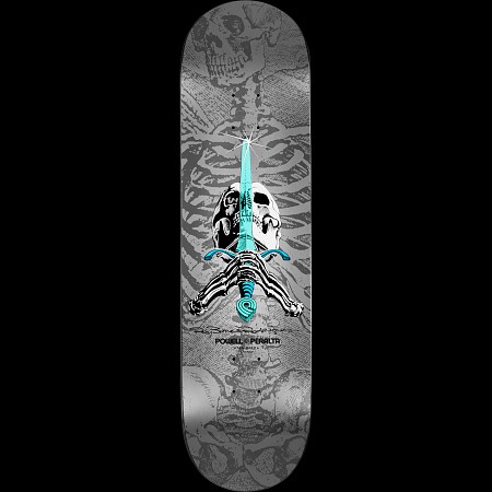 Powell Peralta Ray Rodriguez Skull & Sword "NOW"Silver skateboard deck: A skull and skeletal hands gripping a teal sword upright through its centre, over a large grey rib cage and skull pattern covering a silver deck. The Powell Peralta logo is printed below.
